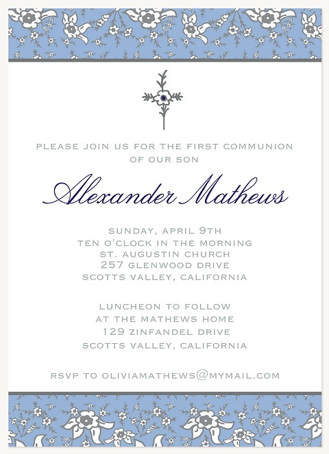 Blue Floral First Communion Invitations