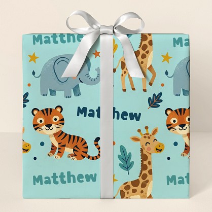 Personalized Retro Safari Animals Kids Wrapping Paper