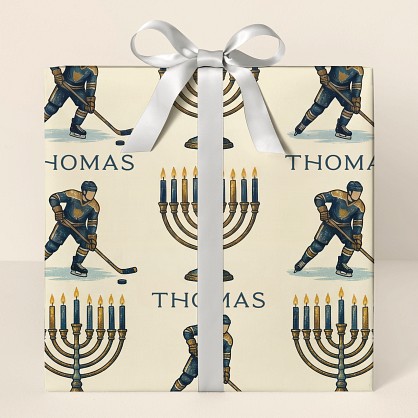Personalized Hockey Hanukkah Vintage Pattern Wrapping Paper