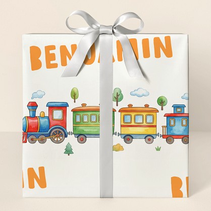Personalized Watercolor Train Adventure Wrapping Paper