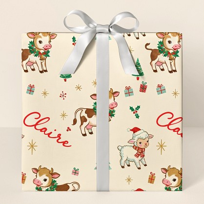 Personalized Christmas Farm Animals Retro Wrapping Paper