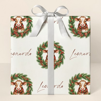 Personalized Christmas Cow Wreath Wrapping Paper