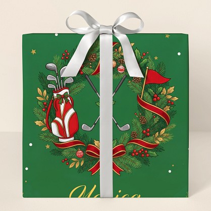 Personalized Golf Christmas Wreath Wrapping Paper