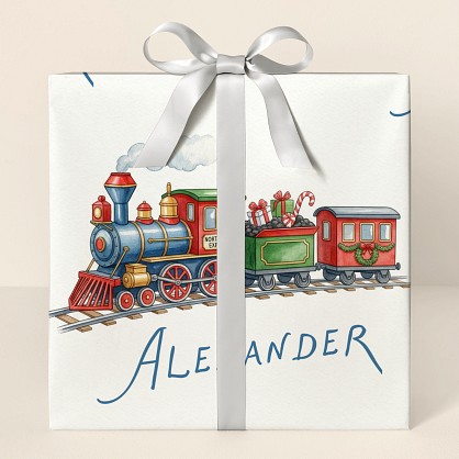 Personalized Christmas Train Watercolor Wrapping Paper