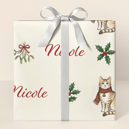 Personalized Christmas Cats & Holly Botanical Wrapping Paper