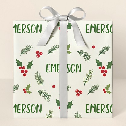 Personalized Christmas Holly & Pine Wrapping Paper