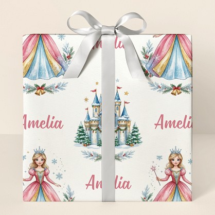 Personalized Christmas Princess Castle Watercolor Wrapping Paper