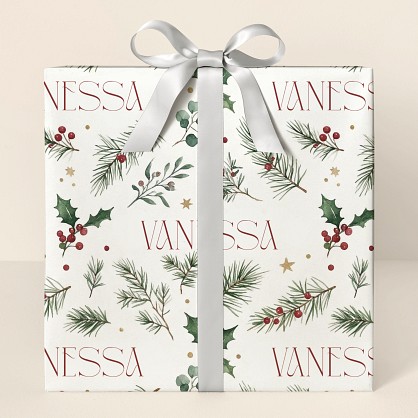 Personalized Watercolor Christmas Botanical Wrapping Paper