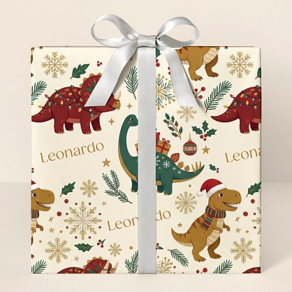 Personalized Christmas Dinosaurs Kids Wrapping Paper