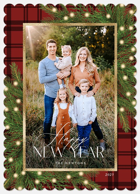 Plaid Greenery New Years Photo Cards