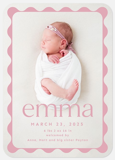 Pink Scallop Frame Baby Birth Announcements