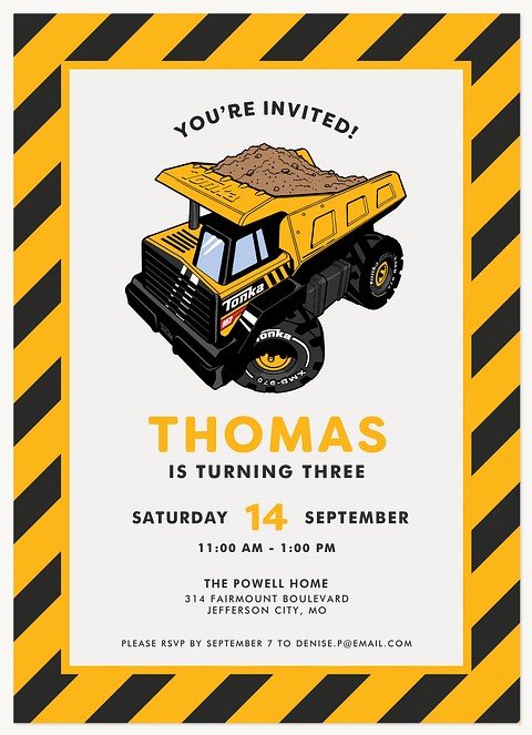 Tonka Caution Tape Kids Birthday Invitations