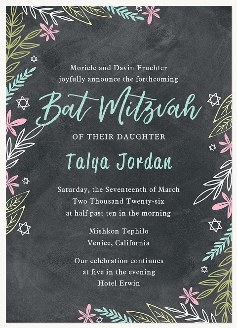 Chalkboard Florals Bat Mitzvah Invitations