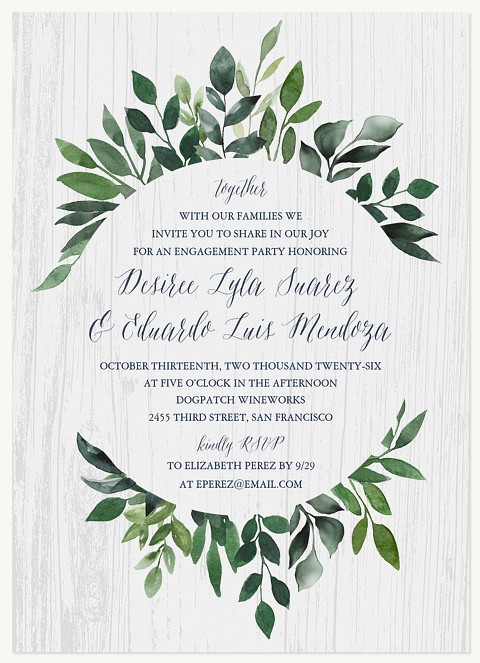 Woodgrain Greenery Engagement Party Invitations