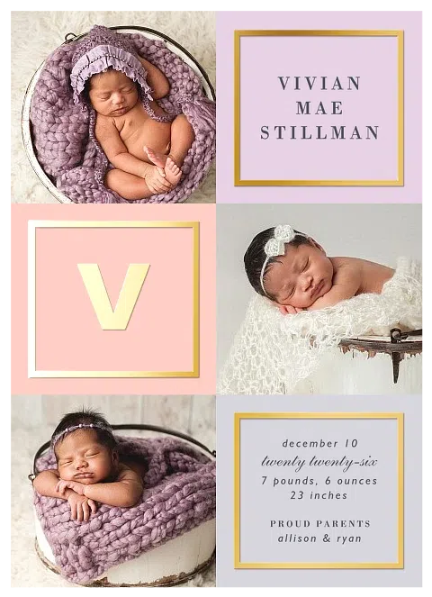 Elegant Grid Girl Baby Announcements
