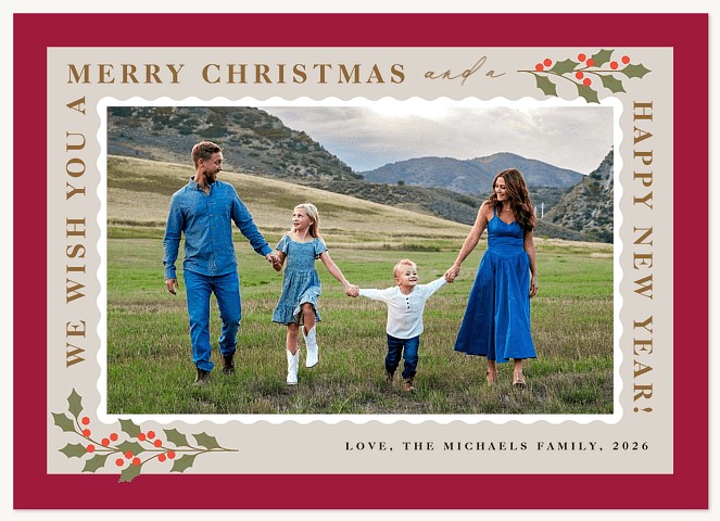 Classic Holly Frame Personalized Holiday Cards