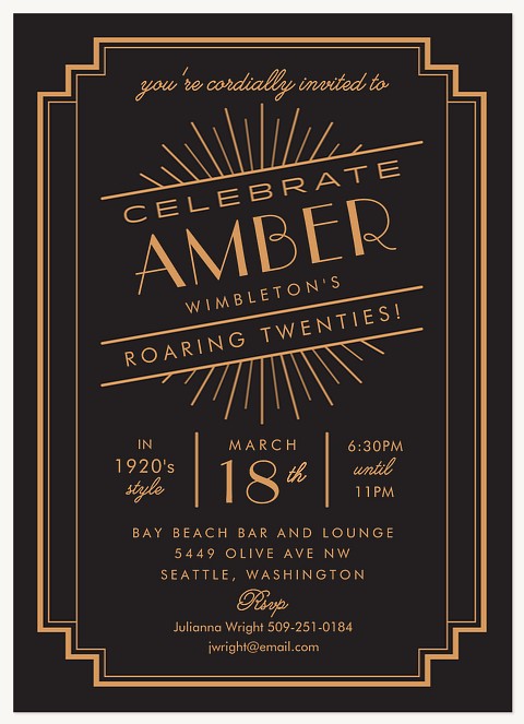 Art Deco Birthday Party Invitation Template. The invitation has a