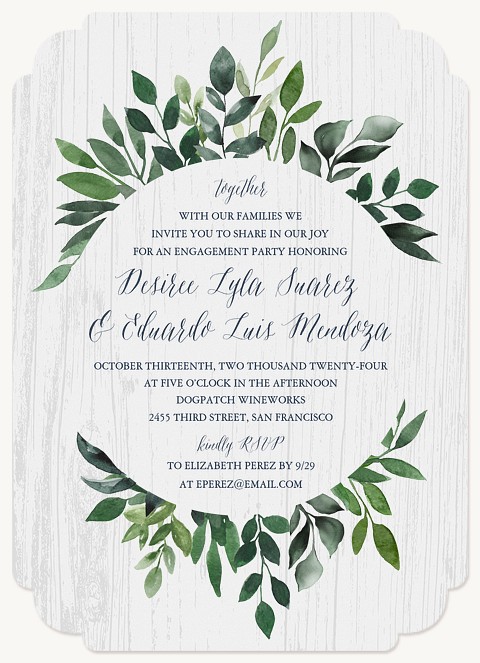 Woodgrain Greenery Engagement Party Invitations