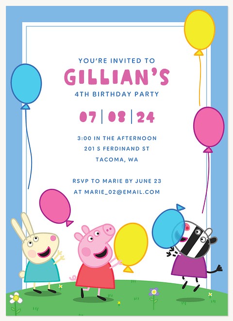 Peppa Pig Balloon Party Kids Birthday Invitations