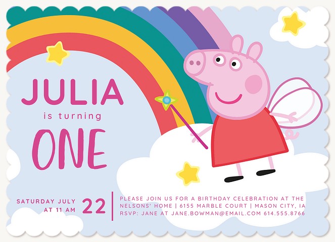 Peppa Pig Rainbow Fairyland Kids Birthday Invitations