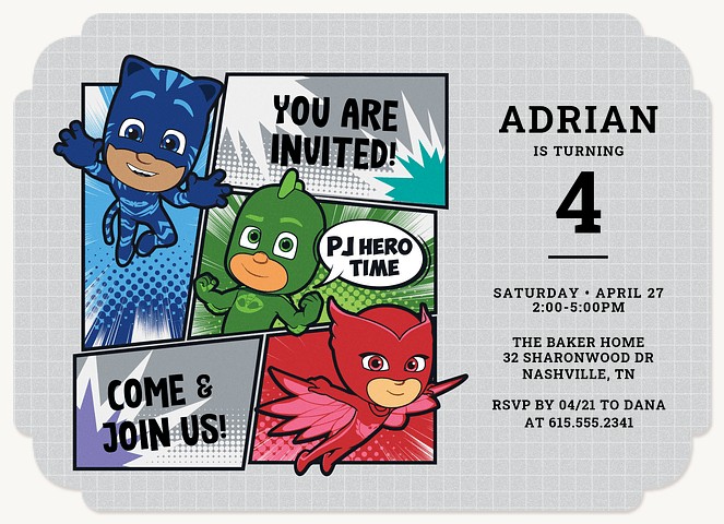 PJ Masks Action Art Kids Birthday Invitations