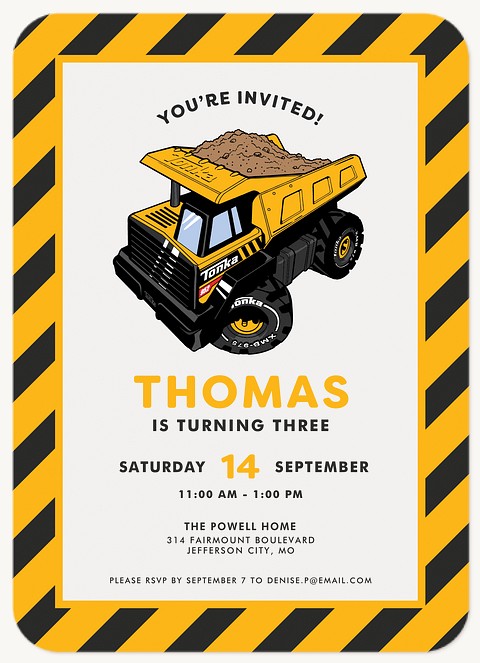 Tonka Caution Tape Kids Birthday Invitations